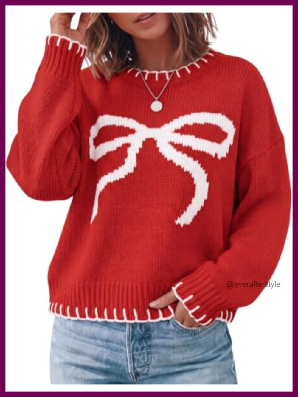 Women's Bow Cropped Knit Pullover Sweater Long Sleeve Crewneck Oversized